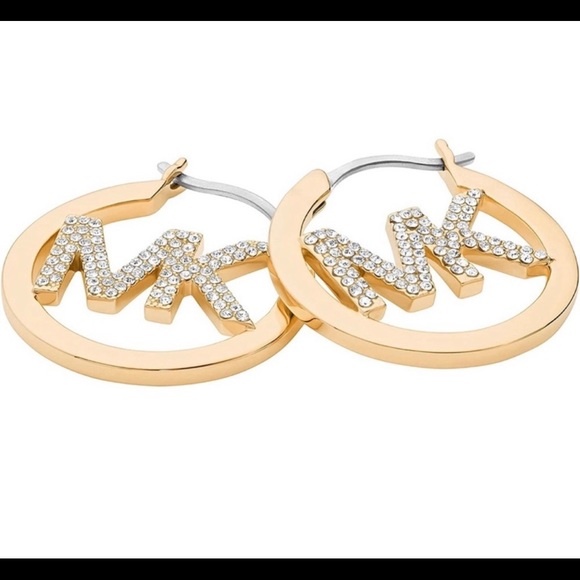 NEW MICHAEL KORS GOLD-TONE PLATED BRASS PAVE' LOGO HOOP EARRINGS MSRP $129.00 - Picture 1 of 3